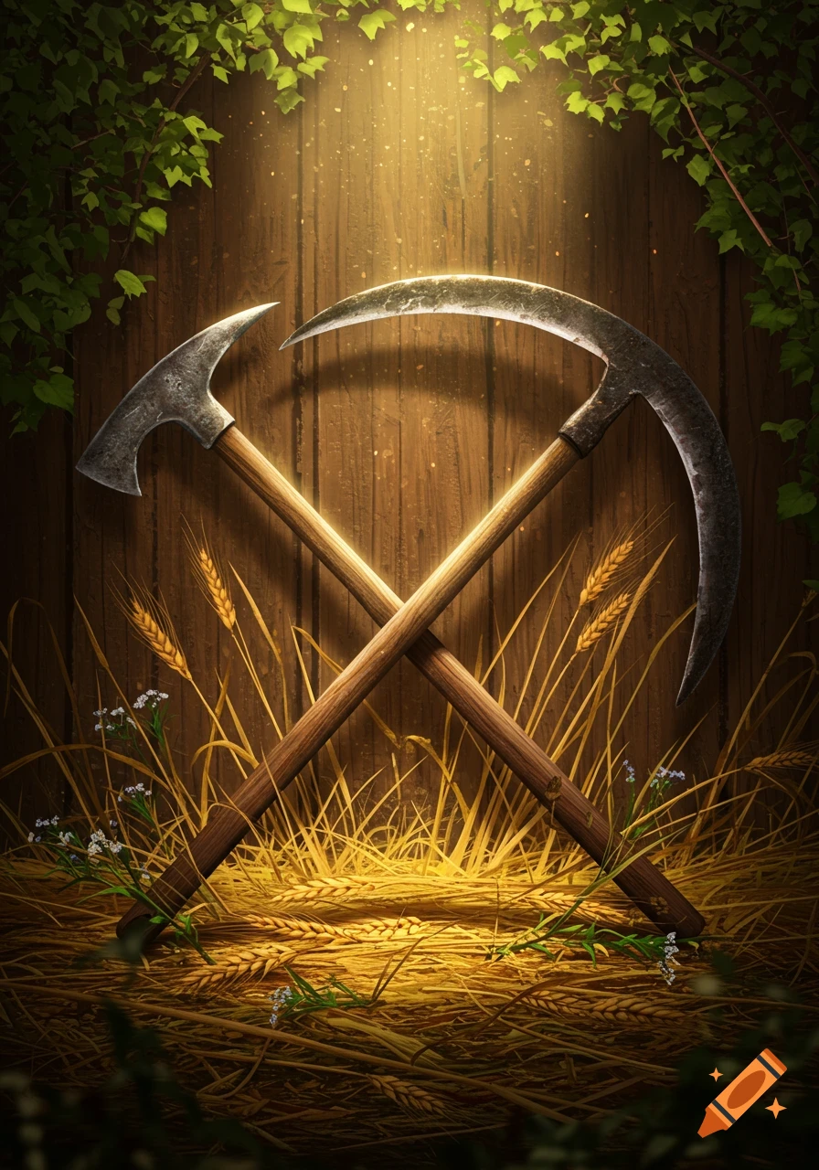 Two crossed farming tools, a billhook and a sickle, against a rustic wooden wall with golden wheat and green foliage.