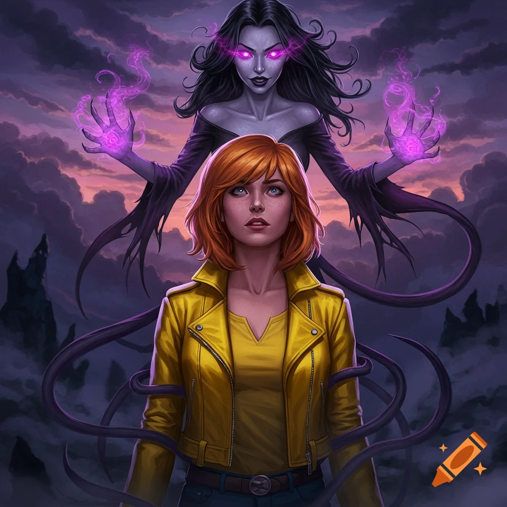 A red-haired woman in a yellow jacket stands in front of a dark witch with glowing purple eyes and magic hands, under a cloudy sky.