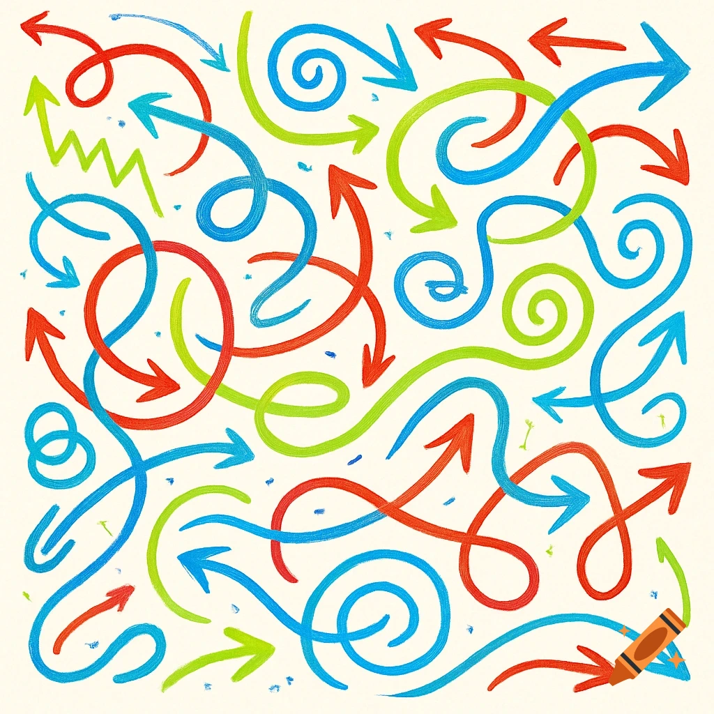 A vibrant illustration of numerous red, blue, and green hand-drawn arrows and swirling lines on an off-white background.