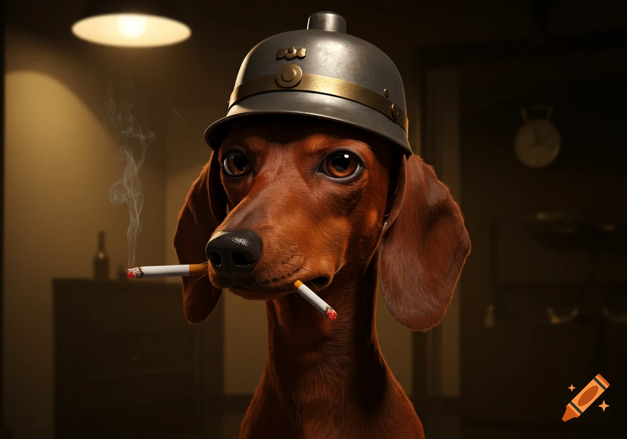 A brown dachshund wears a gray Kaiser helmet and holds two lit cigarettes in its mouth, with smoke curling upwards.