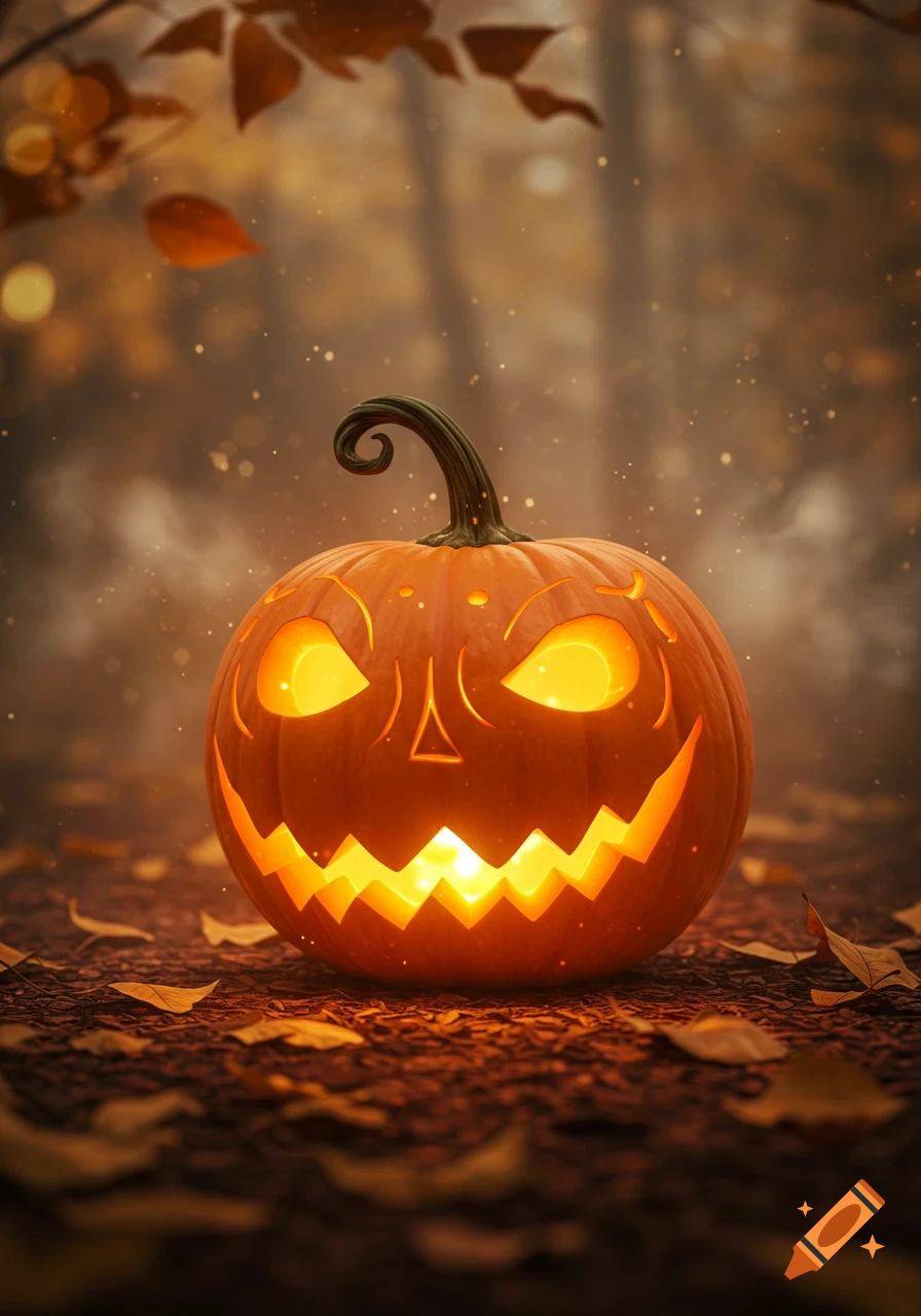 A glowing jack-o'-lantern carved pumpkin sits on a forest floor covered in autumn leaves, with a warm, blurry background.