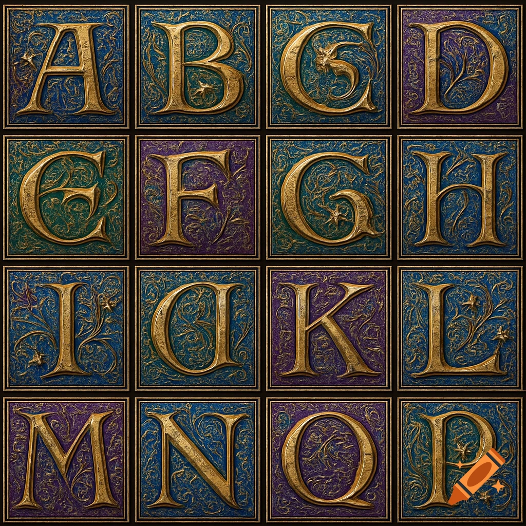 Grid of ornate golden medieval-style capital letters A through P on blue, green, and purple patterned backgrounds.