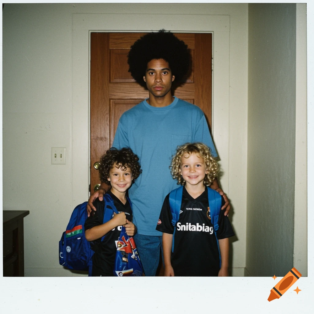 A man with an afro and two young boys with backpacks and soccer jerseys pose for a 1999 Polaroid photo in front of a door.