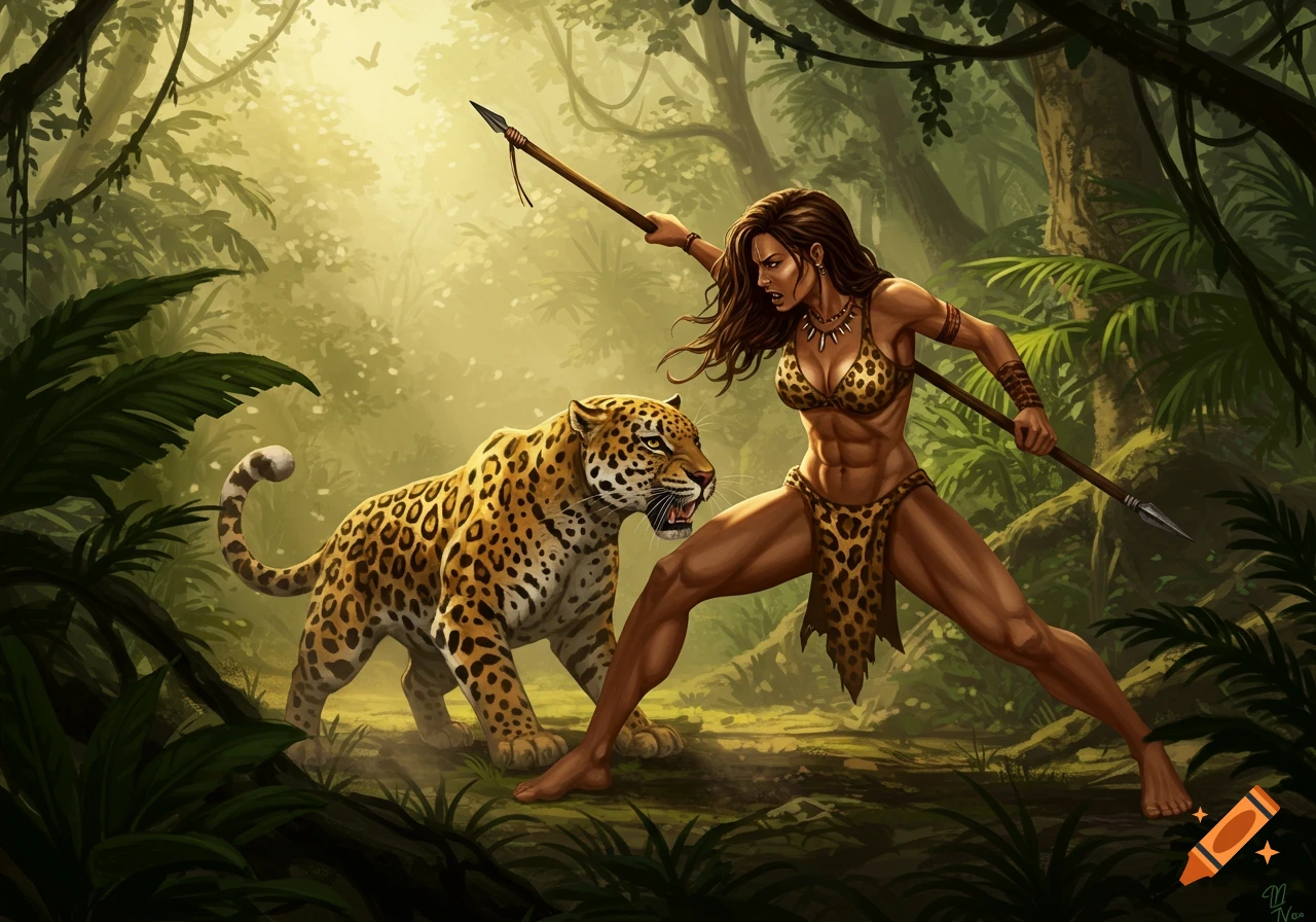 Female Tarzan Fighting Leopard created on Craiyon, image size:1280x896