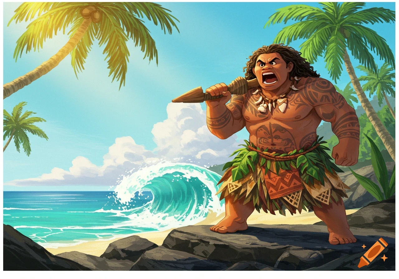A muscular, tattooed cartoon character similar to Maui yells on a tropical beach with palm trees and ocean waves.