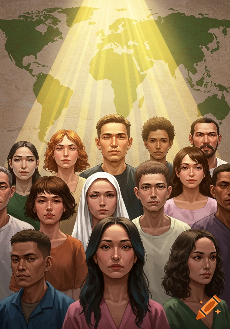 An illustration of a diverse group of people standing in front of a world map with light rays.