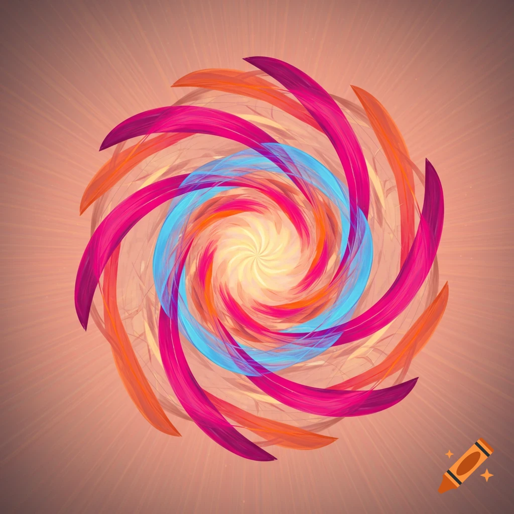 A vibrant abstract fractal spiral in shades of pink, orange, and blue against a warm, glowing background.