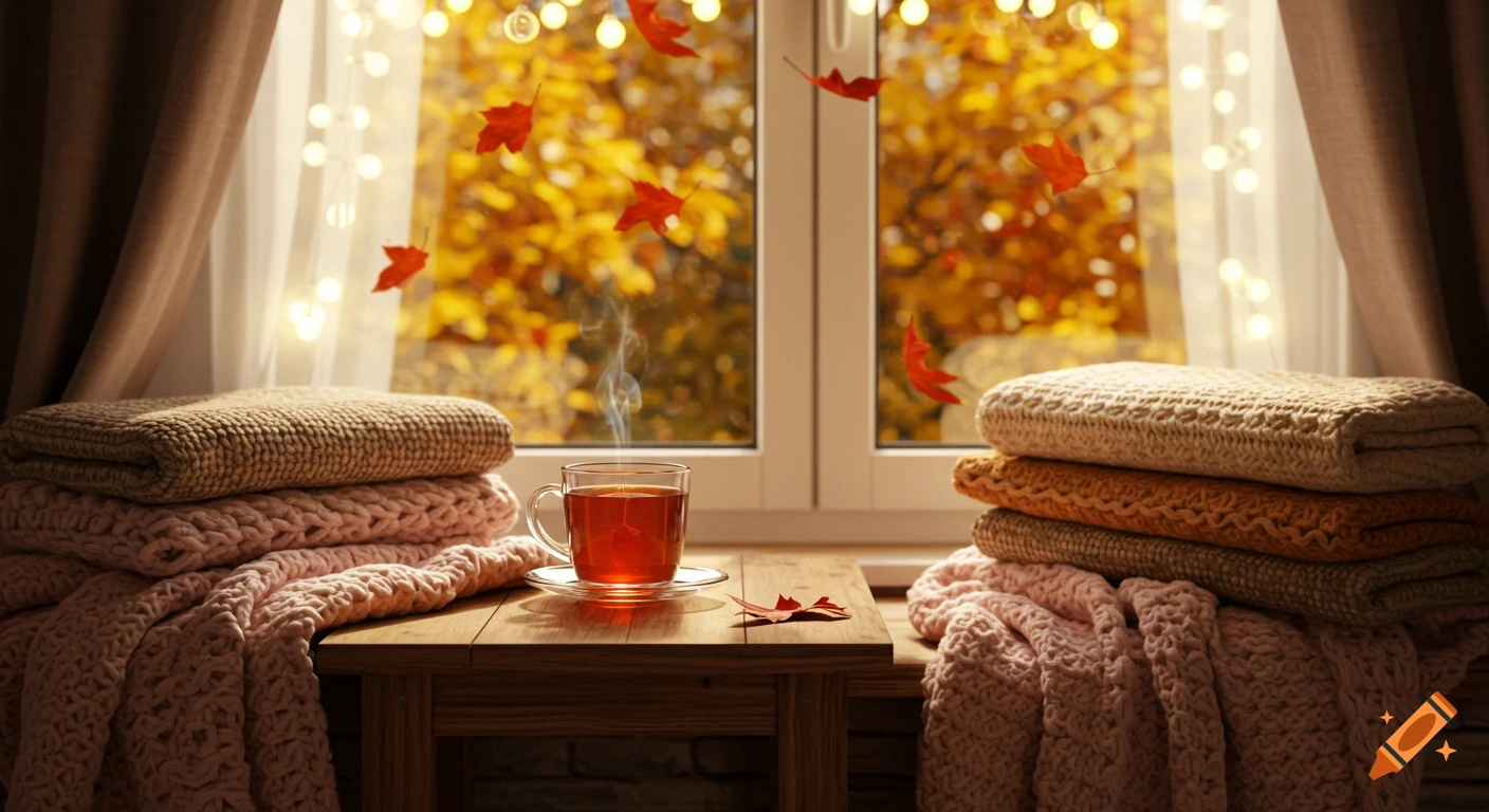 Cozy autumn scene with stacks of blankets, a steaming cup of tea on a wooden table, and falling leaves outside a window with string lights.