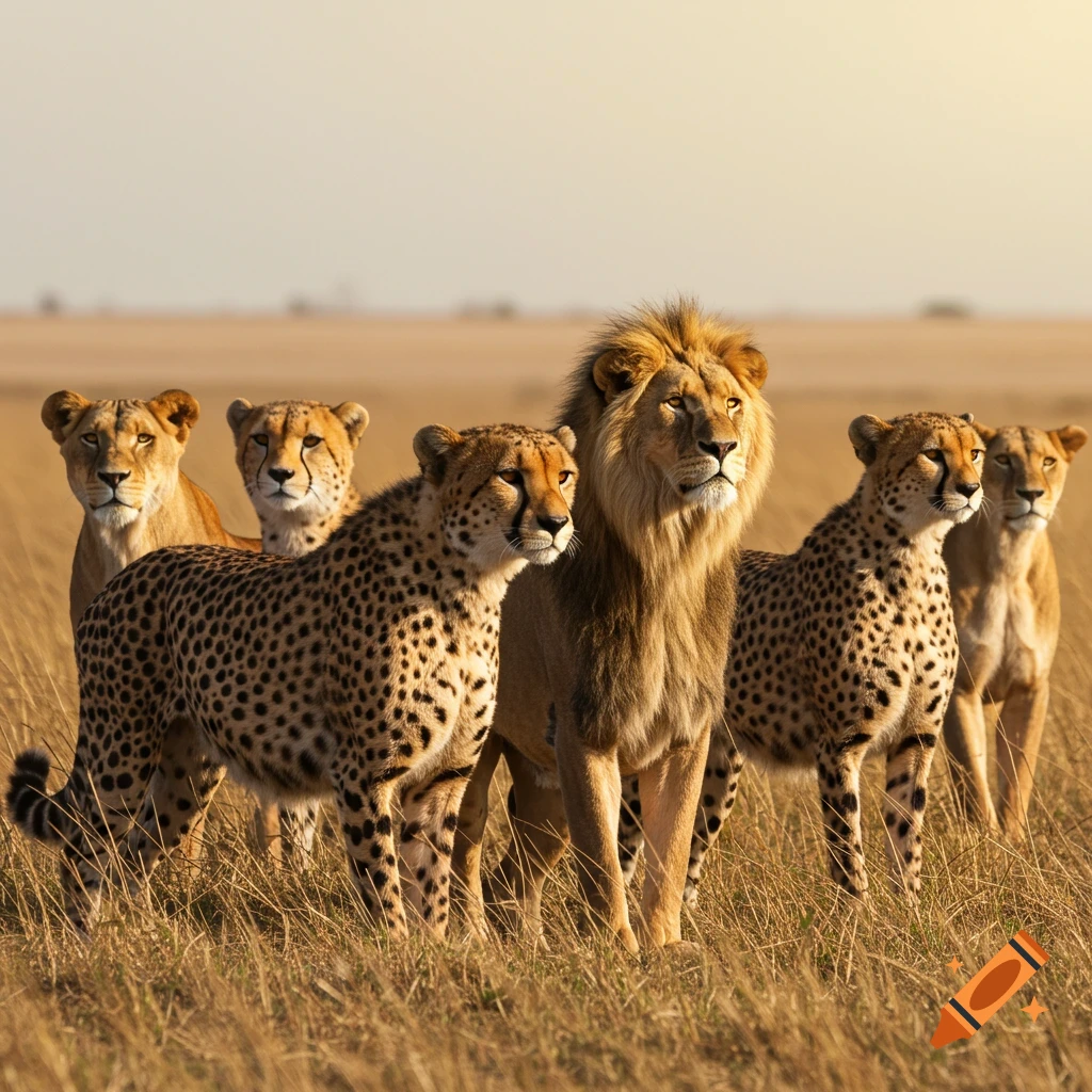 A male lion stands tall among two cheetahs and two lionesses in a dry savanna landscape under a bright sky, looking off to the right. Photorealistic.