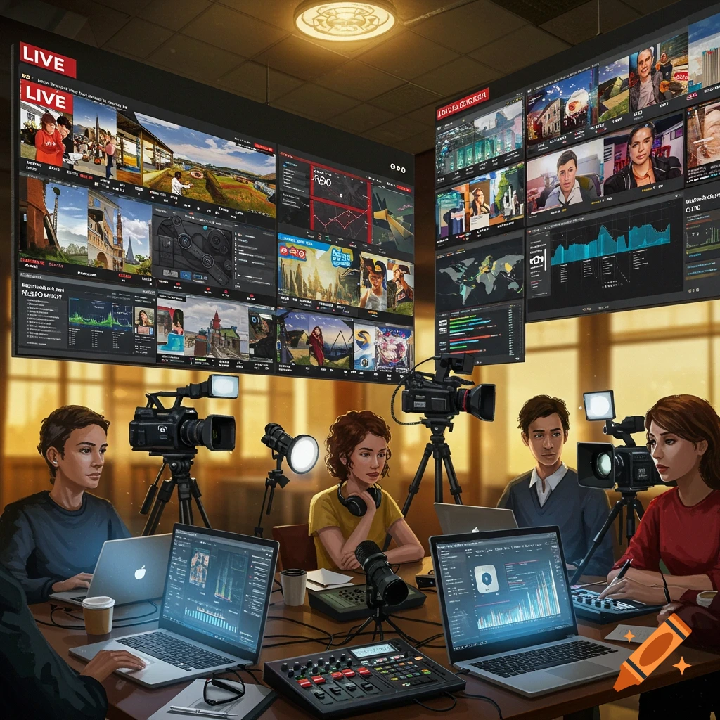 An illustration of a multimedia journalism control room with people, cameras, laptops, and large screens displaying various feeds and data.