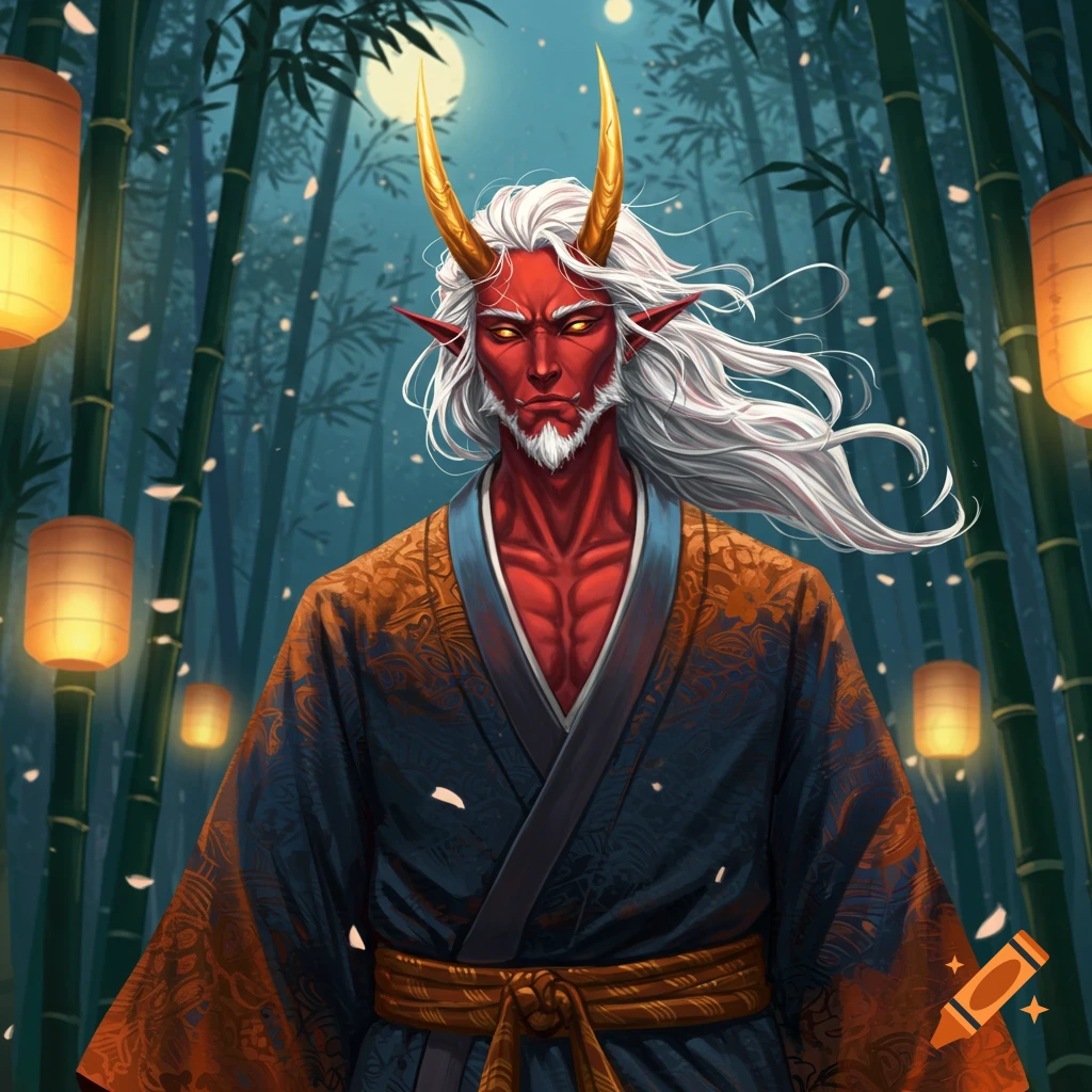 A red-skinned yokai oni with gold horns, white hair, and a short beard wears a blue and gold kimono in a bamboo forest with glowing lanterns.
