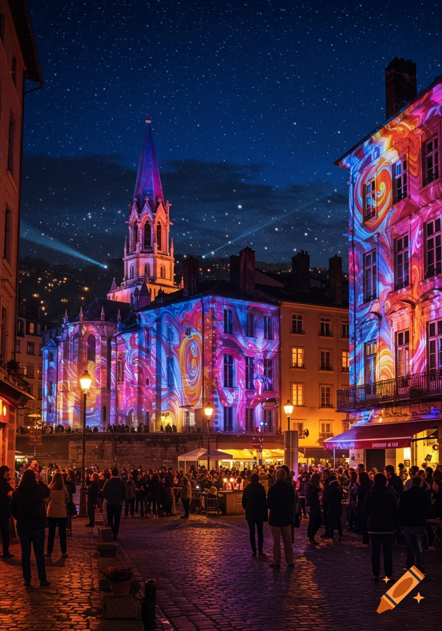 A vibrant Fête des Lumières in Lyon, France, with colorful light projections on historic buildings and crowds on a cobblestone street at night.