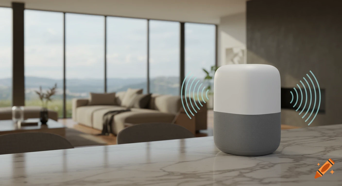 Photorealistic smart speaker on a marble counter in a modern living room overlooking a scenic landscape.