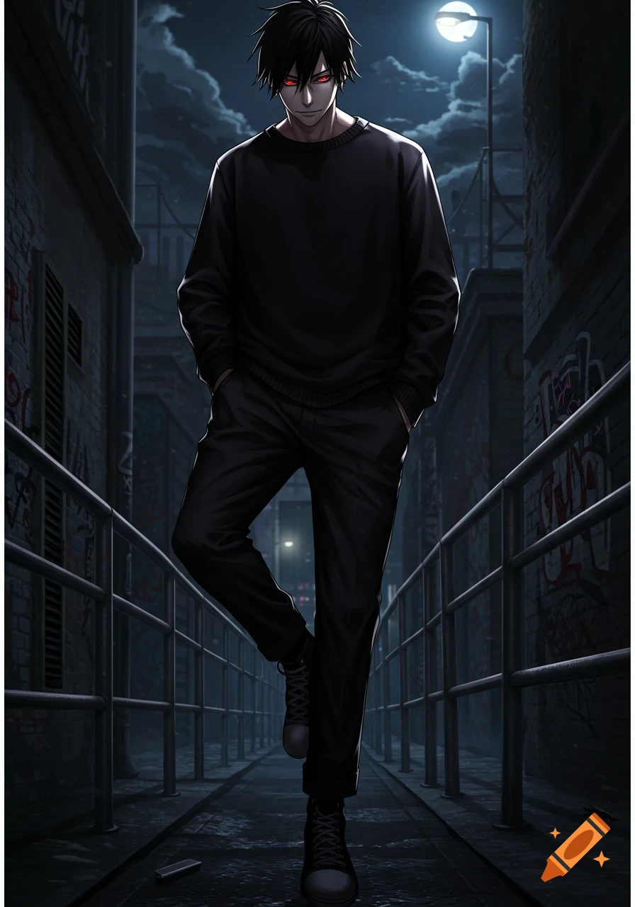 Anime male character with black hair and red eyes, wearing all black, standing in a dark, graffiti-covered alley under a full moon.