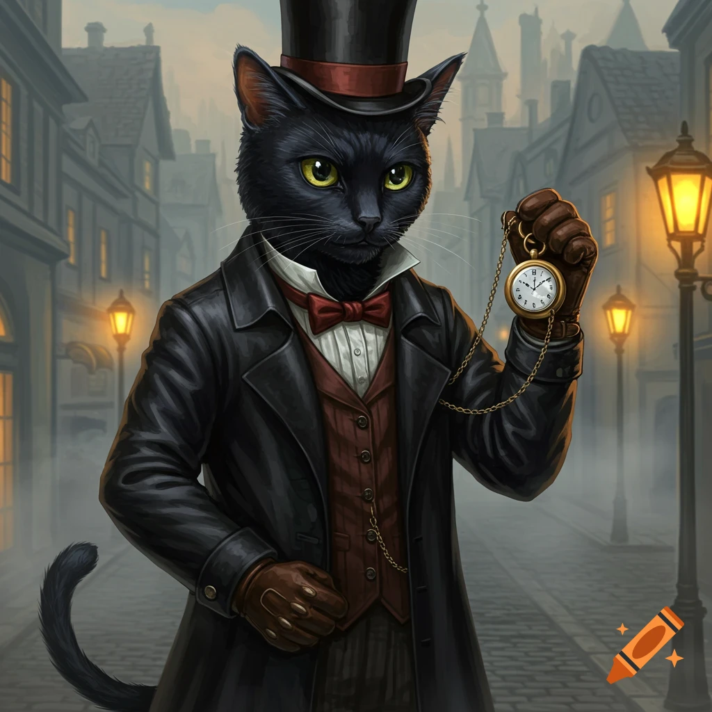 A black anthropomorphic cat in a top hat, coat, and gloves holds a pocket watch on a foggy, lamp-lit cobblestone street in anime style.