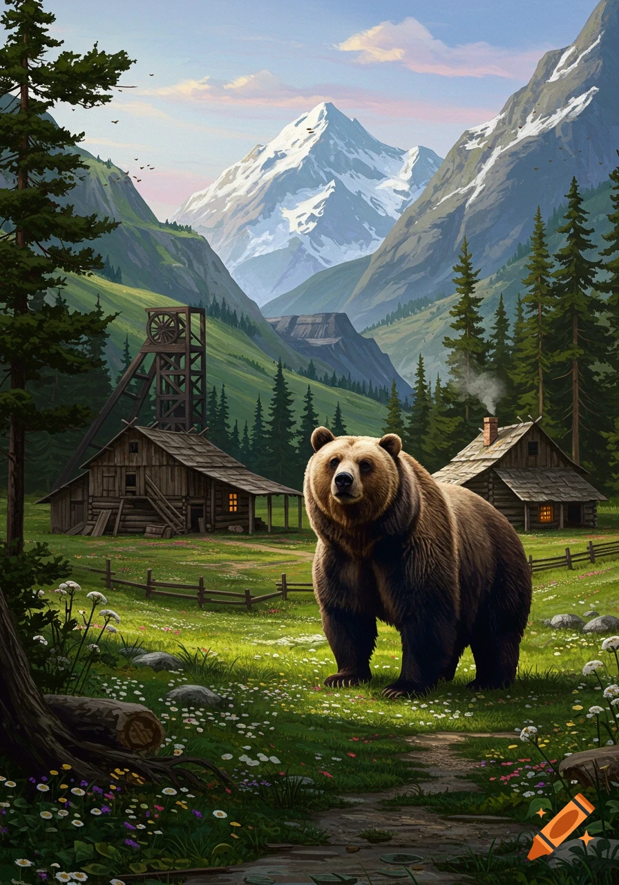 A brown bear stands in a green valley with wildflowers, log cabins, a mine structure, and snow-capped mountains in an illustrative style.