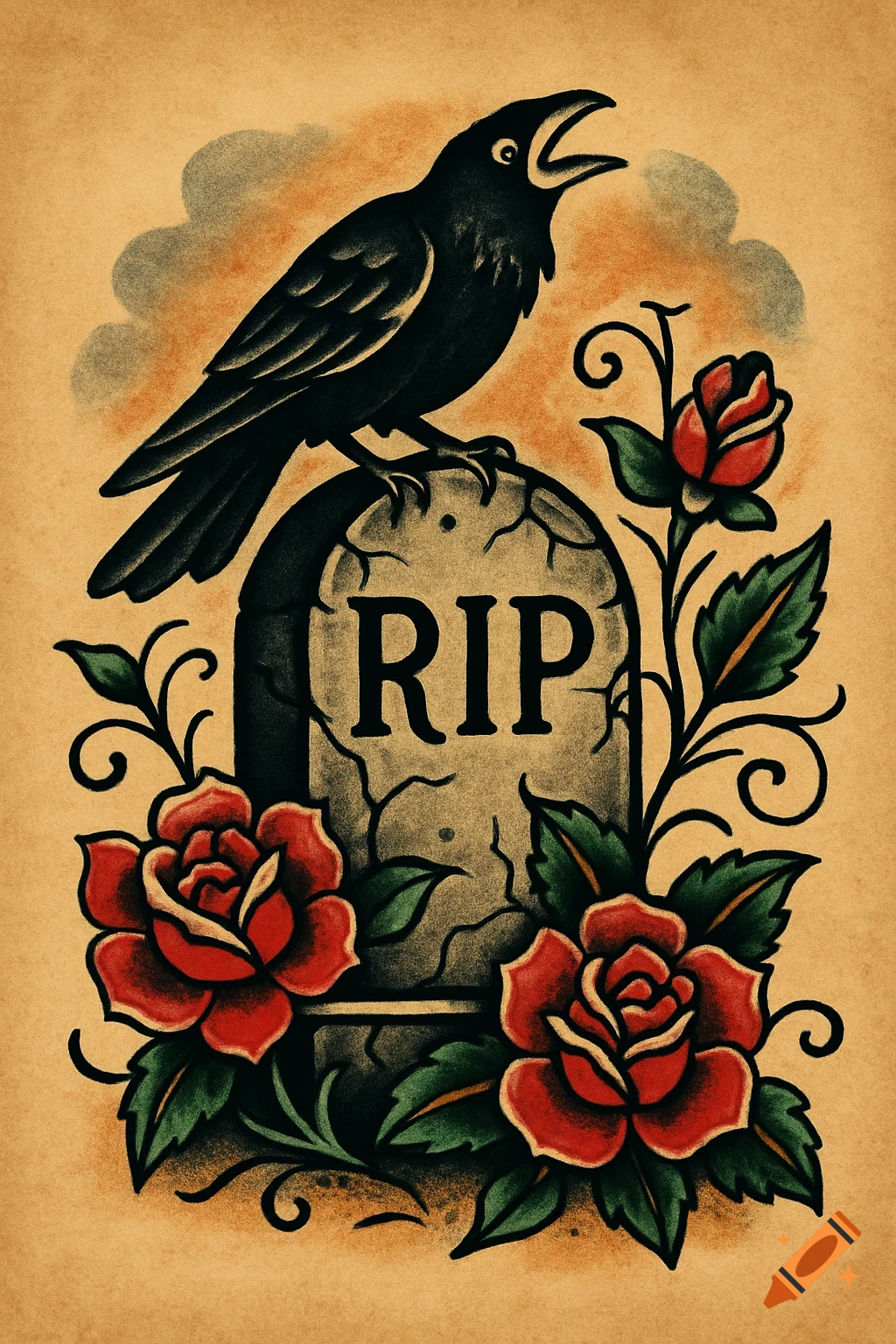 Old school tattoo of a black crow perched on a tombstone with 'RIP', flanked by red roses.