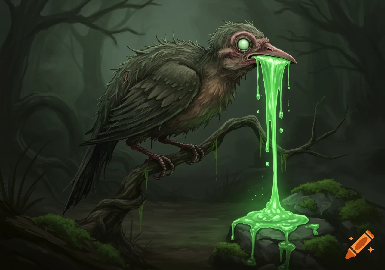 A grotesque, sick bird with glowing green eyes perches on a twisted branch, drooling a thick stream of luminous green slime onto mossy rocks in a dark, gloomy forest.