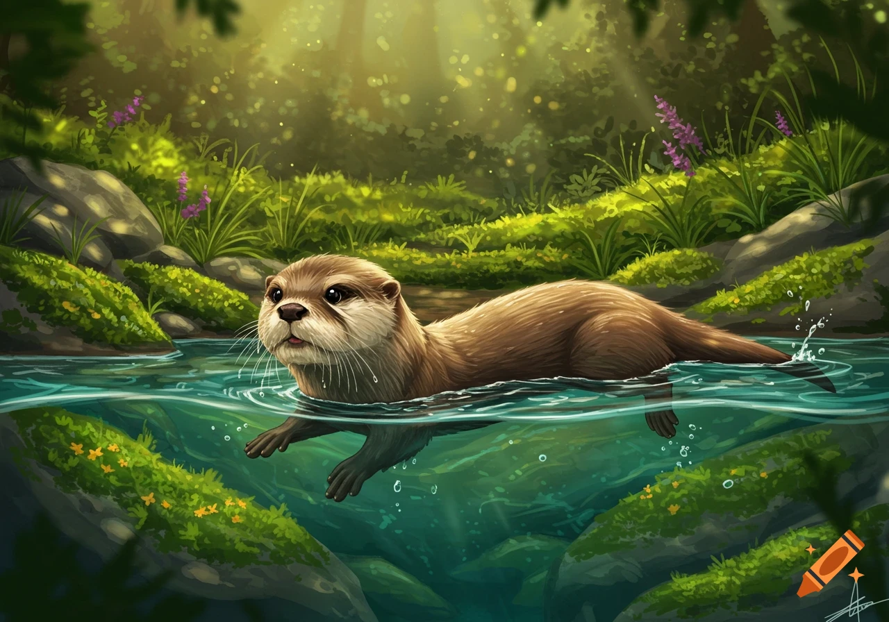 A cute otter swims in a clear forest stream with lush green banks and sunlit trees in an illustrative style.