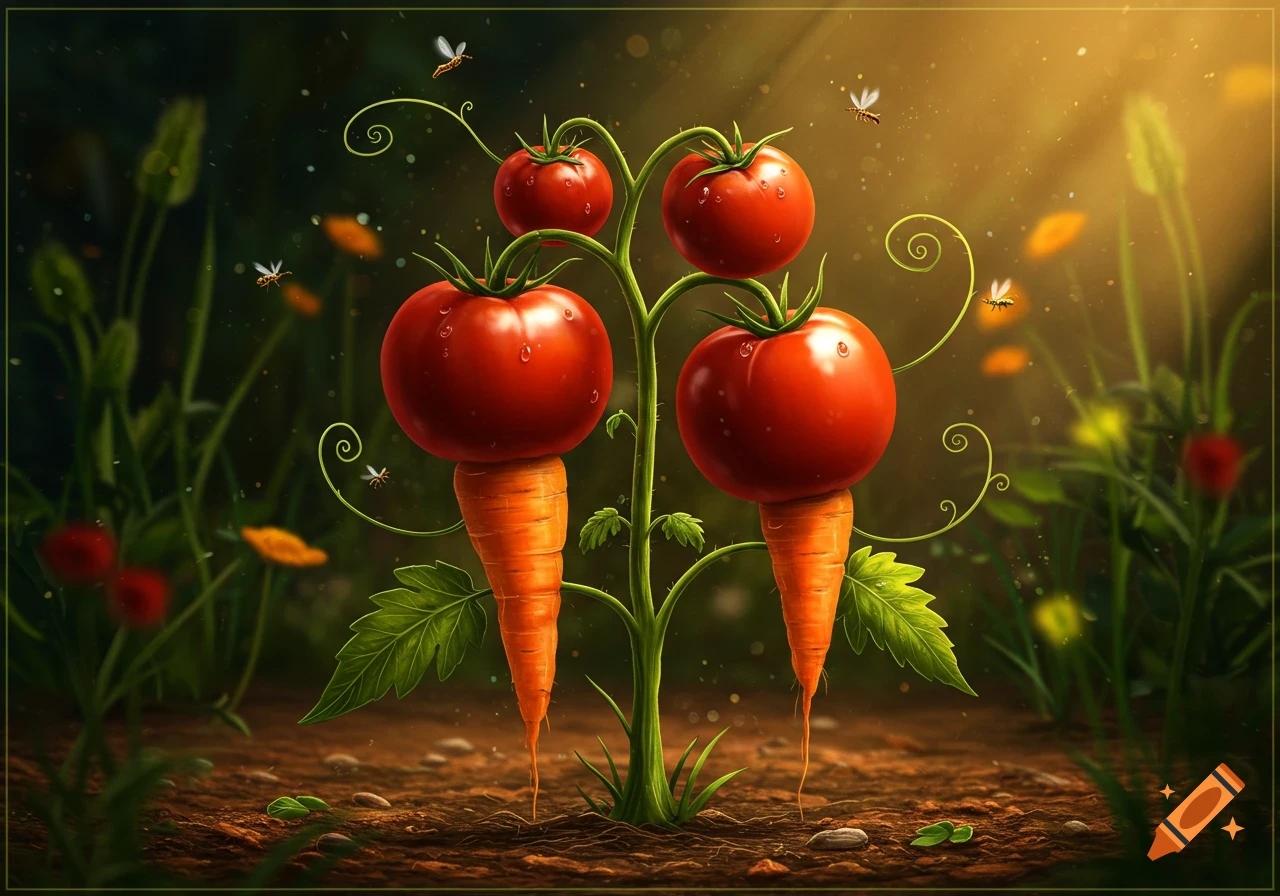 A whimsical plant with red tomatoes on orange carrots, growing in a lush garden with flying insects and glowing light.