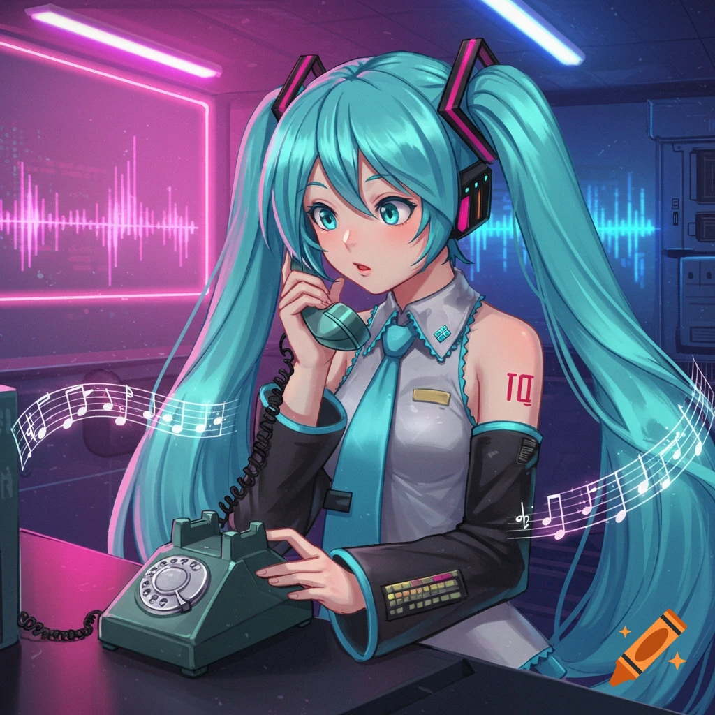 Anime character Hatsune Miku with turquoise pigtails looks confused, using an old rotary phone in a neon-lit sci-fi setting with floating musical notes.
