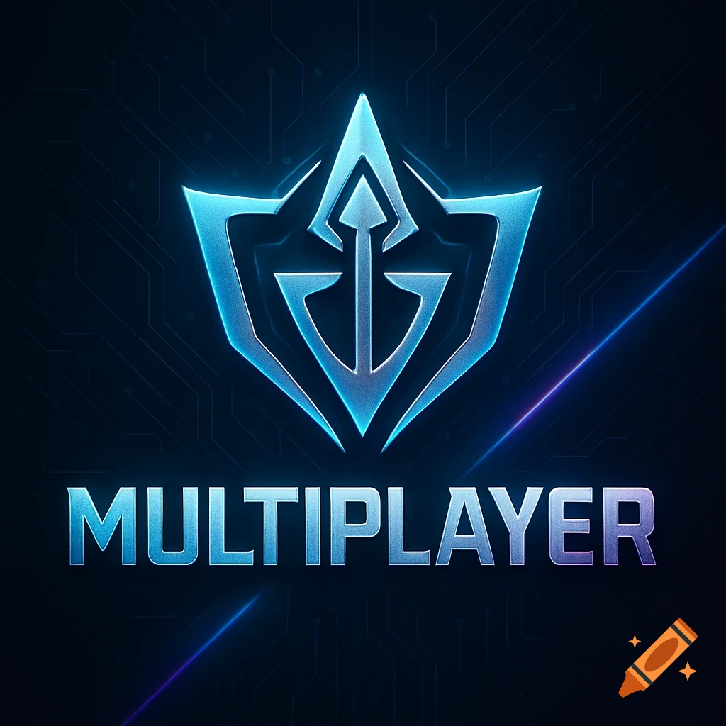 A blue glowing stylized shield-like logo with an arrow pointing up in the center, above the word 'MULTIPLAYER' in glowing blue text, all on a dark tech circuit board background.