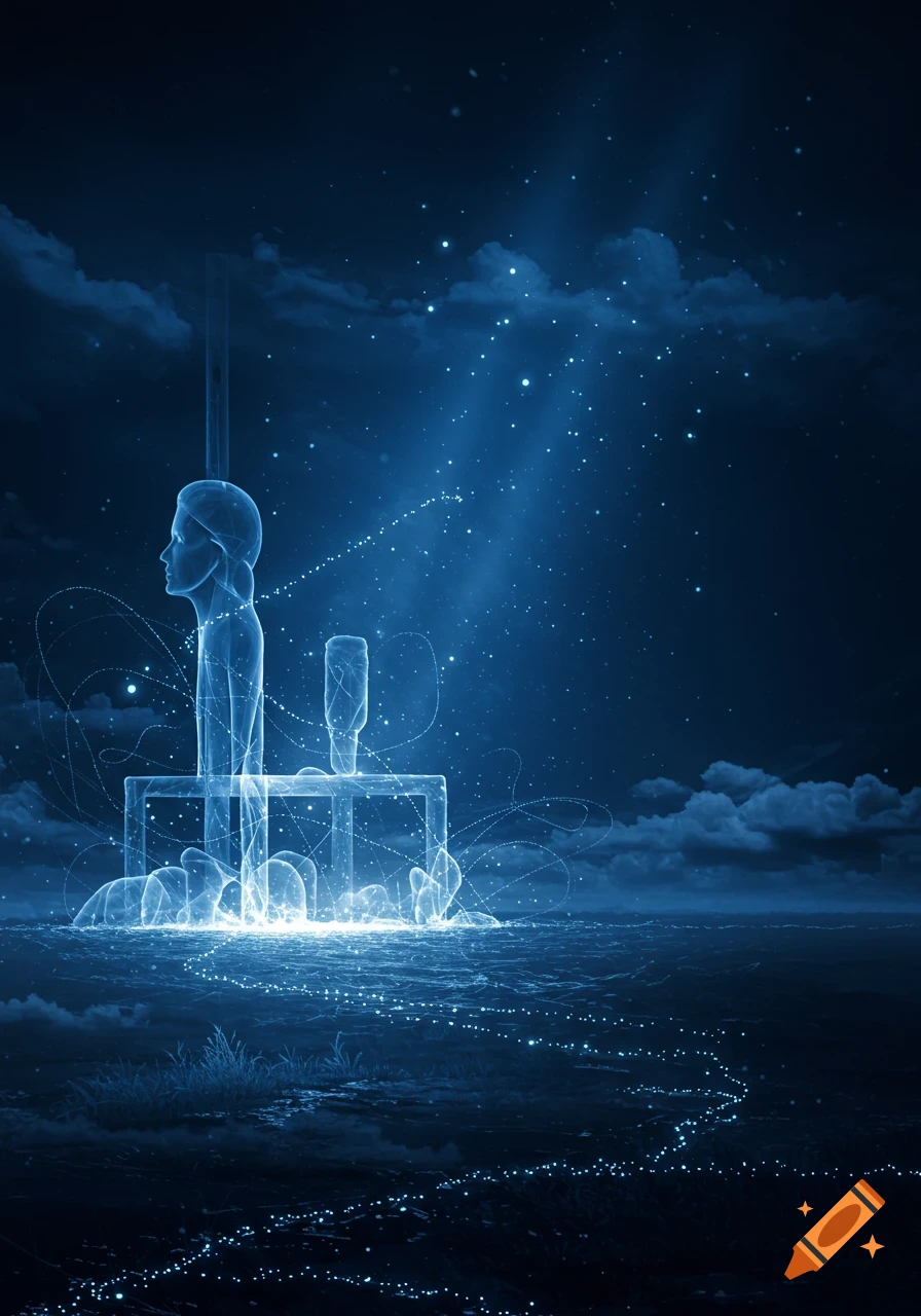 Ethereal blue glowing figure and objects on a platform under a starry night sky with glowing light trails.