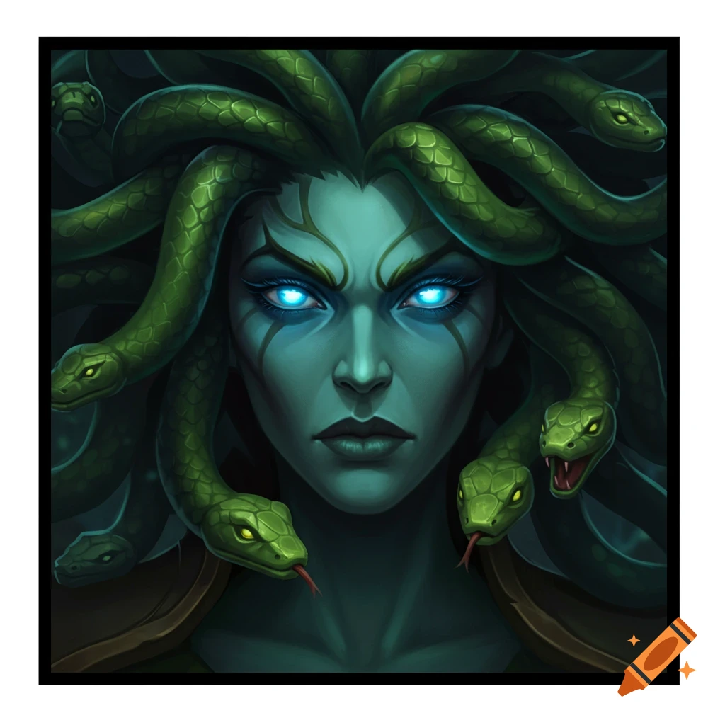 Close-up of Medusa's face with green skin, glowing blue eyes, and green snakes as hair, in a dark game art style.