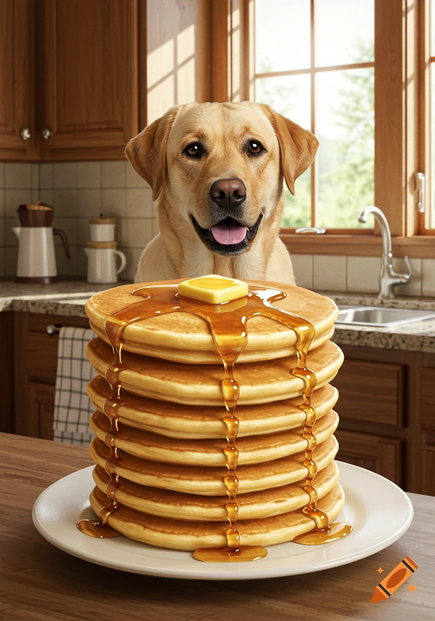 A happy golden retriever sits behind a tall stack of pancakes with butter and syrup in a photorealistic kitchen.