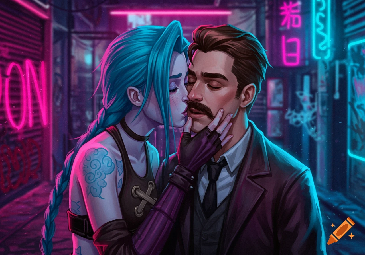 Jinx, with long blue braids, tenderly kisses a mustachioed man in a vibrant, neon-lit alleyway. Digital art.
