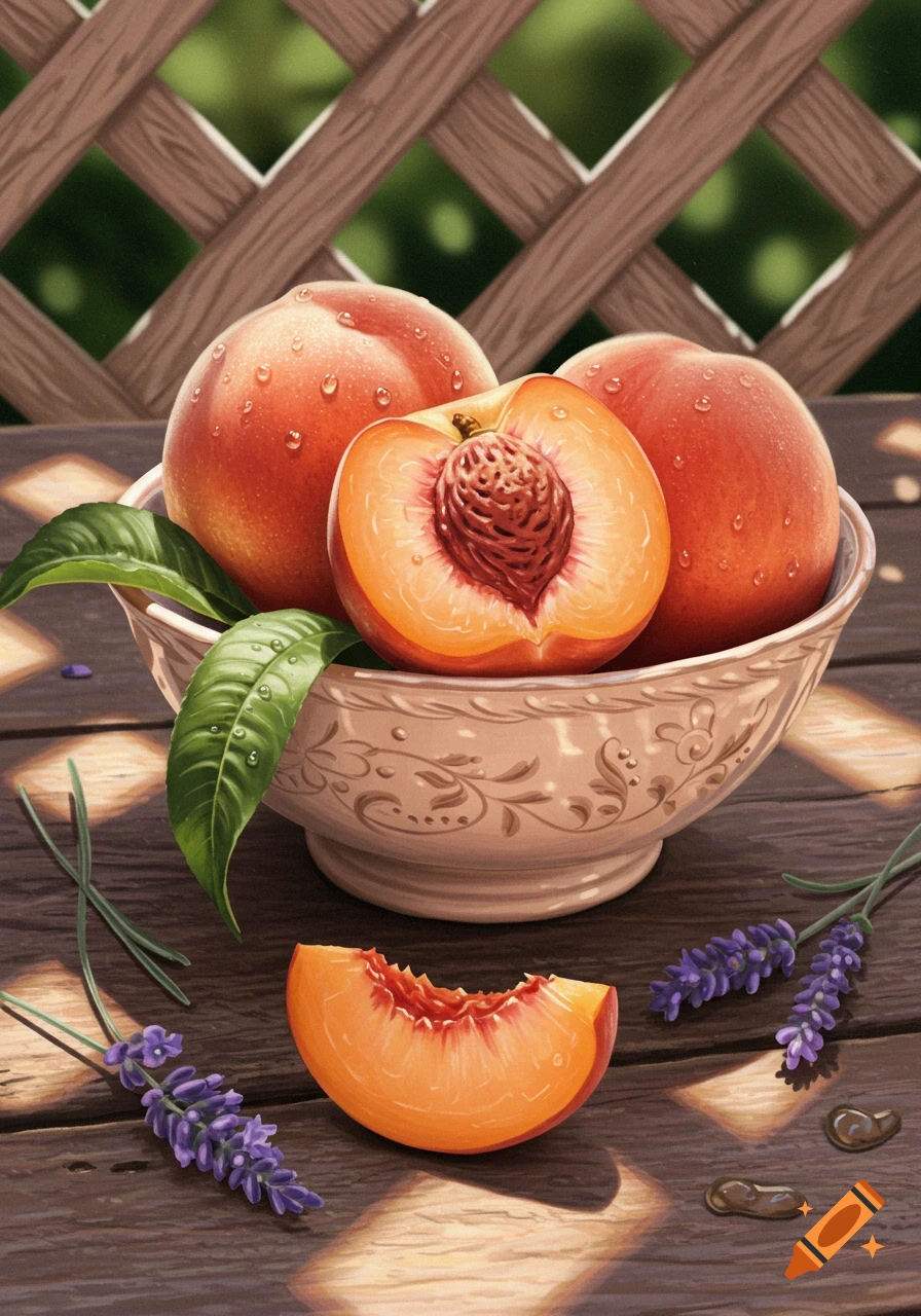 A still life painting of fresh peaches with water droplets, one sliced open, in an ornate bowl on a wooden table with lavender, dappled in sunlight.
