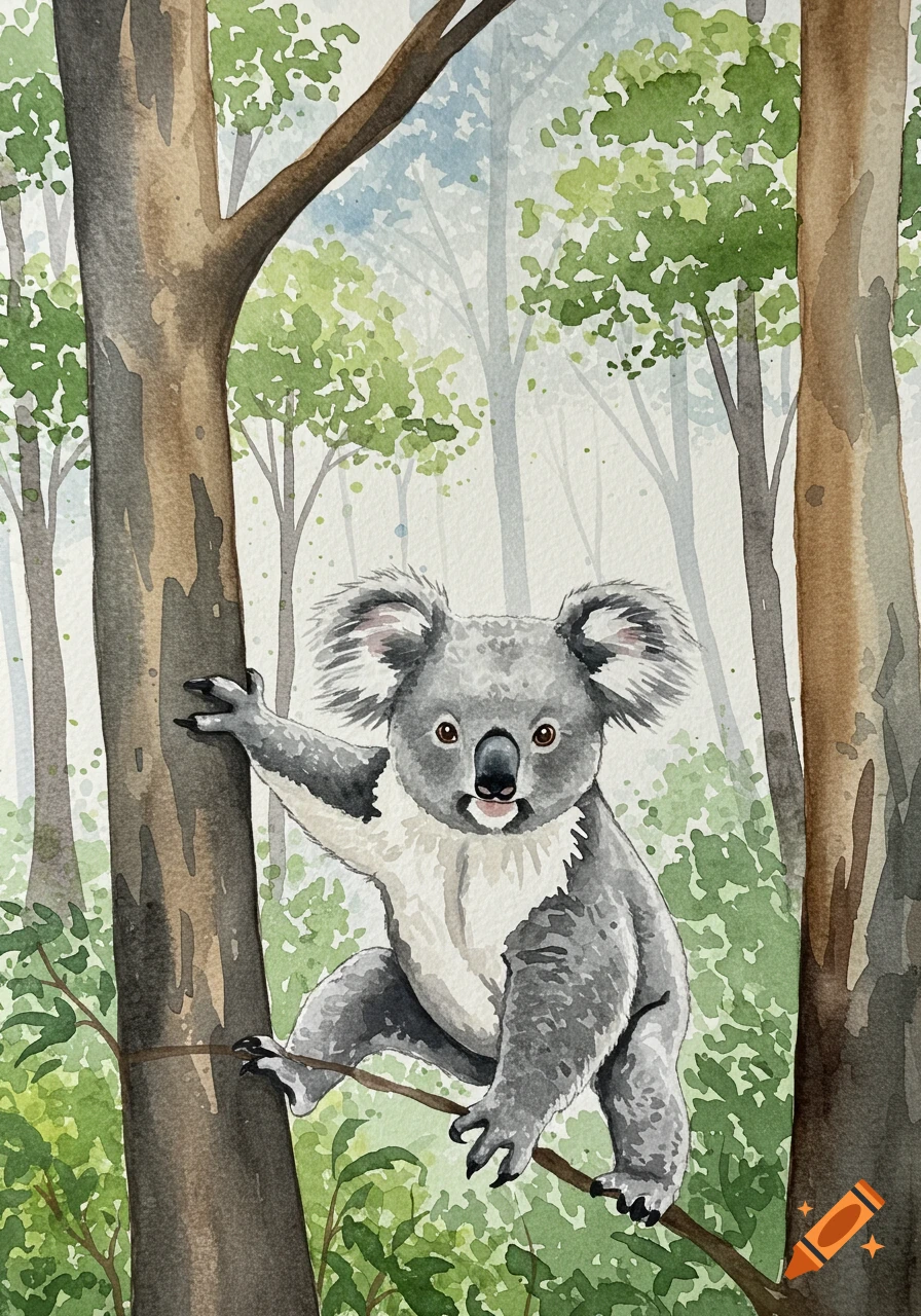 A watercolor painting of a koala climbing a tree in a lush green forest.