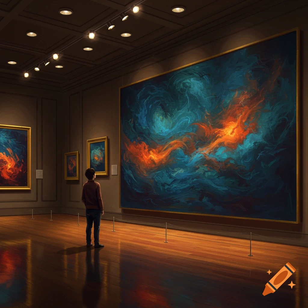 A person stands in an art gallery, looking at a large abstract painting with vibrant orange and blue swirls.