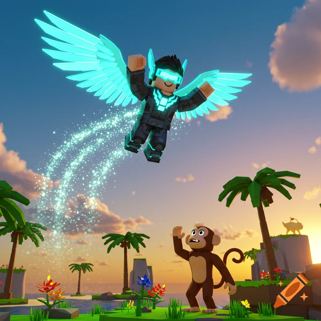 A Roblox-style character with glowing blue wings flies over a tropical island at sunset, as a monkey looks up in surprise.