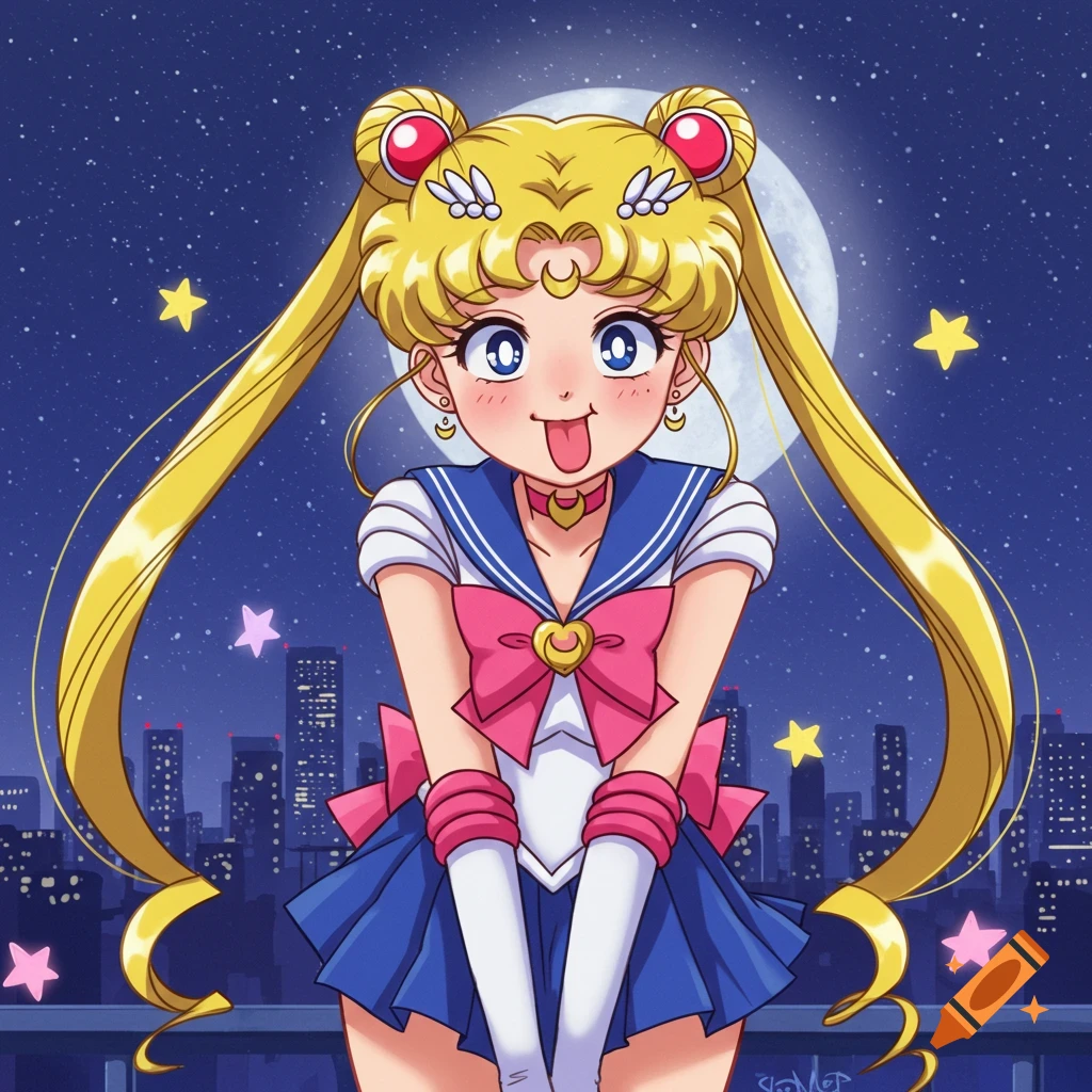 Anime-style Sailor Moon making a silly face with her tongue out, against a night city skyline with a full moon.