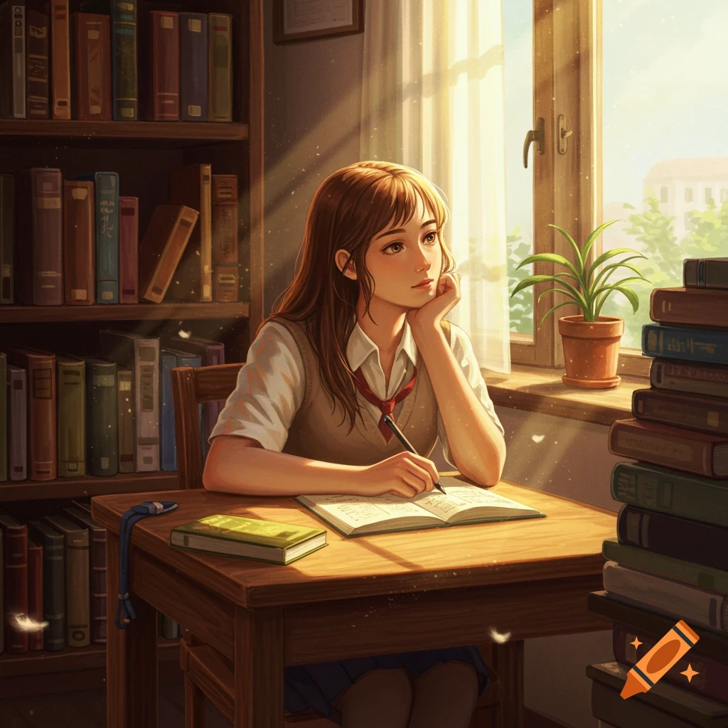 Anime-style illustration of a student girl writing at a desk by a sunlit window, surrounded by books.