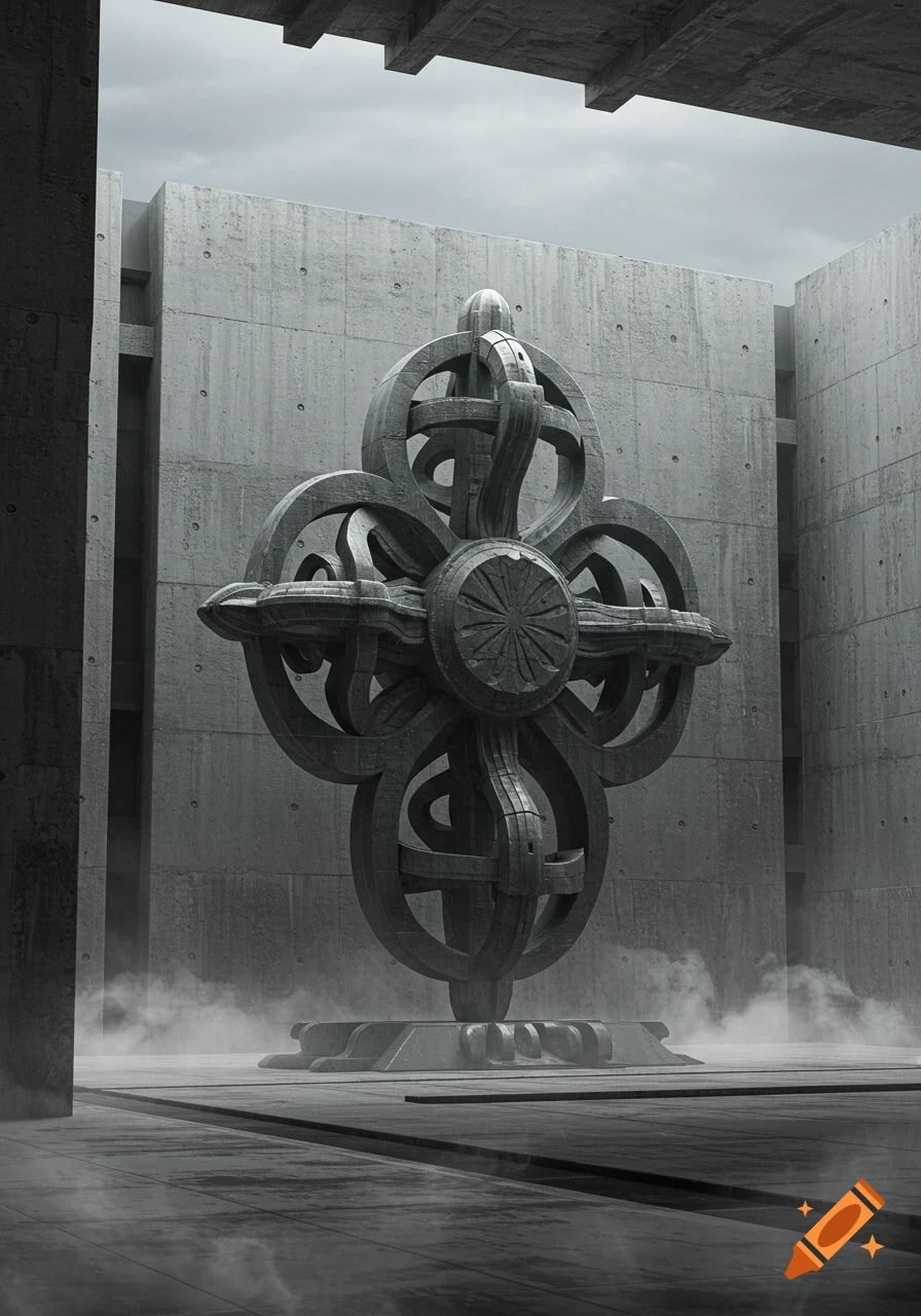 A complex, dark abstract sculpture resembling a double vajra stands in a stark concrete brutalist courtyard with ground fog.