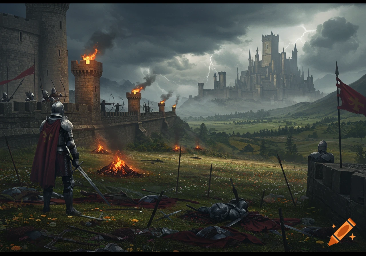 A knight surveys a medieval battlefield with fallen soldiers and burning fires before a distant castle under a stormy, lightning-filled sky.
