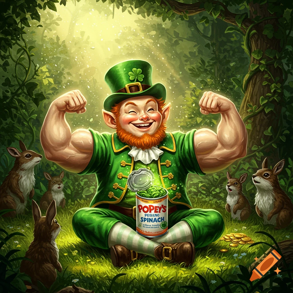 A muscular, happy leprechaun sits in a sunny forest, flexing with a can of spinach and rabbits. Detailed illustration.