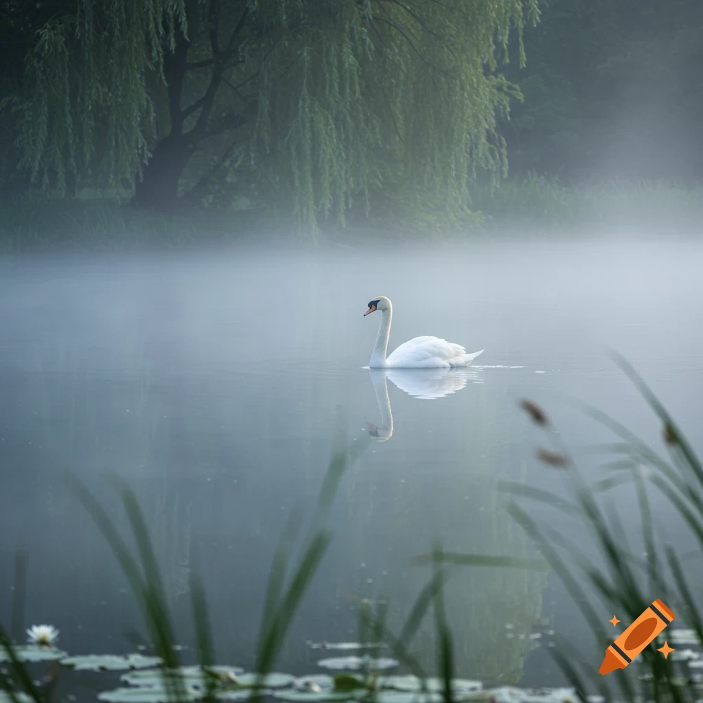 A white swan gracefully swims on a serene, misty lake with reeds in the foreground and a weeping willow in the background.