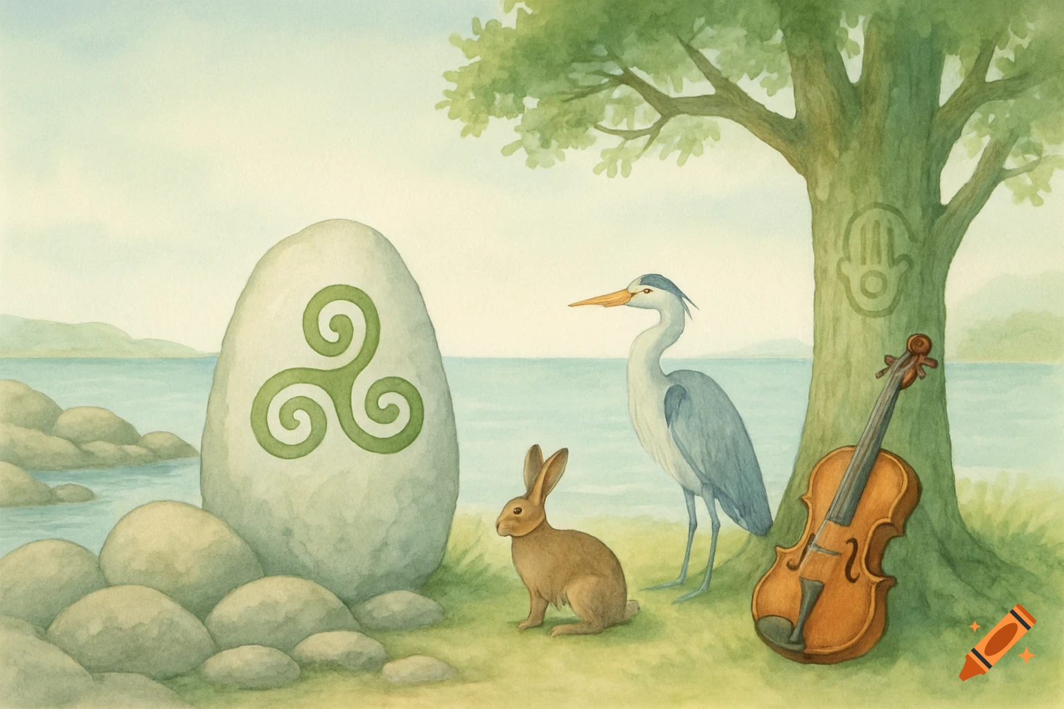 A watercolor coastal scene with a triskel-engraved stone, a hare, a heron, a tree with a hand symbol, and a violin on grassy shore.