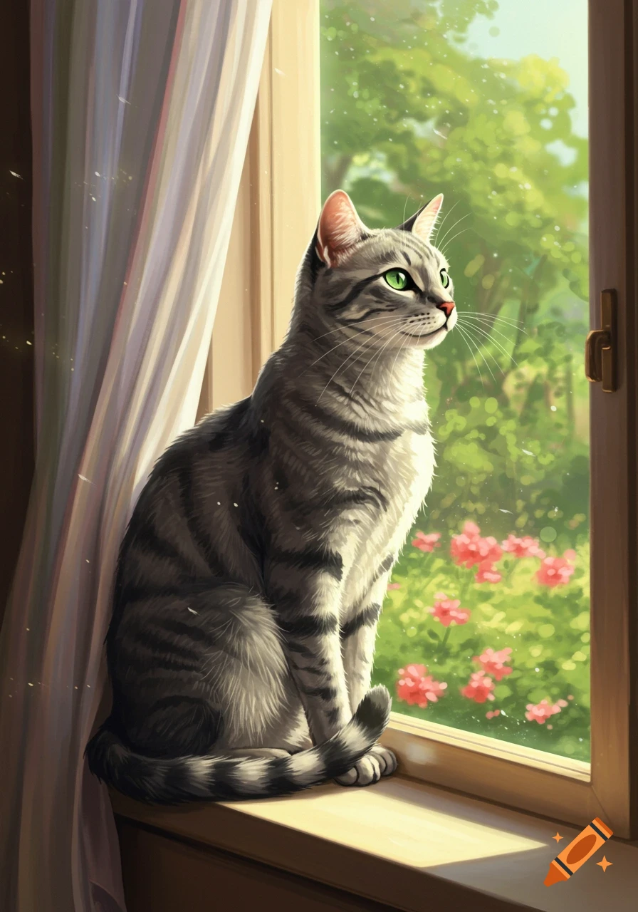 A grey tabby cat with green eyes sits on a sunlit windowsill, gazing out at a vibrant green garden with pink flowers.