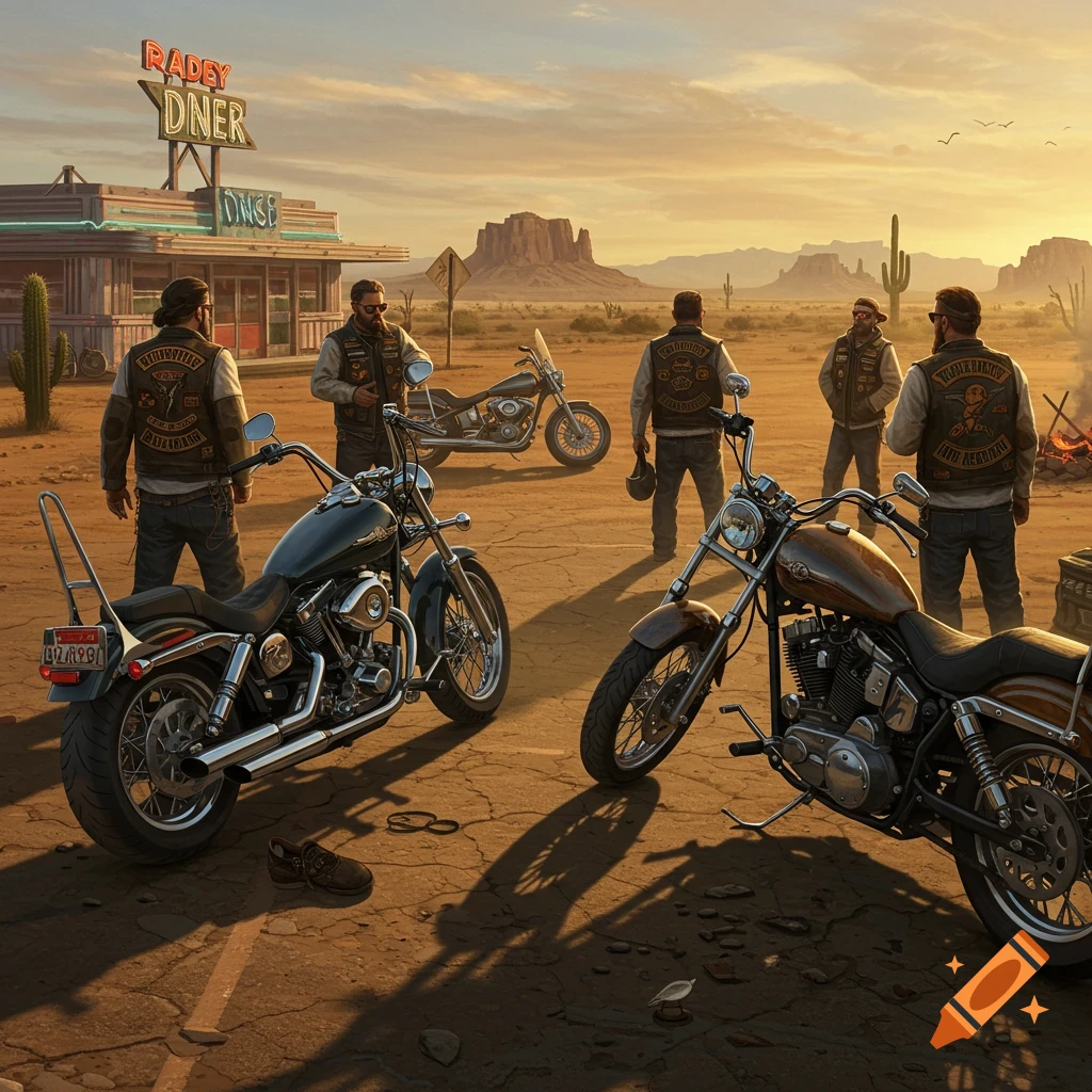 A group of bikers with their motorcycles gathered in front of a retro diner in a desert landscape at sunset.