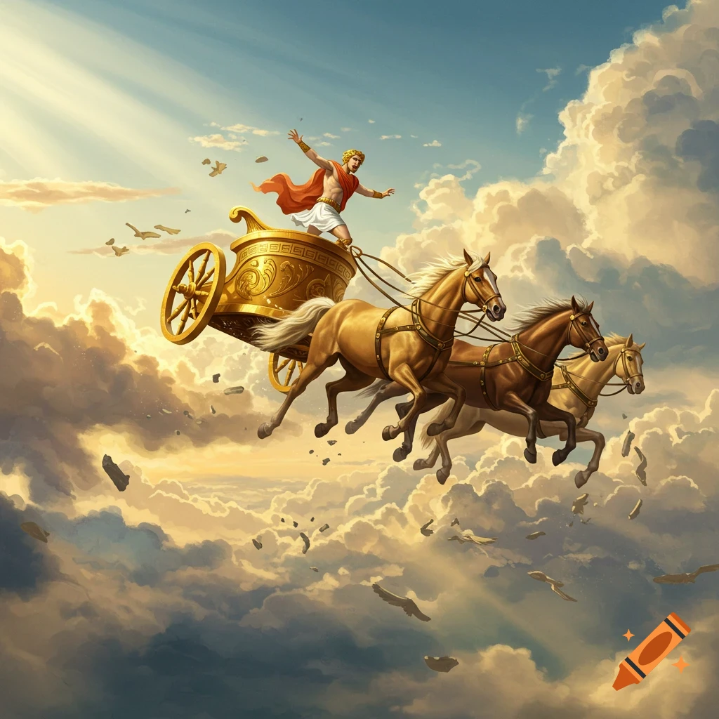 Phaeton, a god-like figure, is ejected from a golden chariot pulled by four horses, tumbling through a cloud-filled sky.