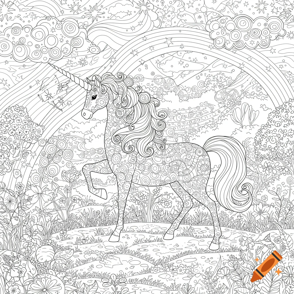 Detailed line drawing of a magical unicorn in a whimsical landscape with rainbows and clouds, for a coloring book.