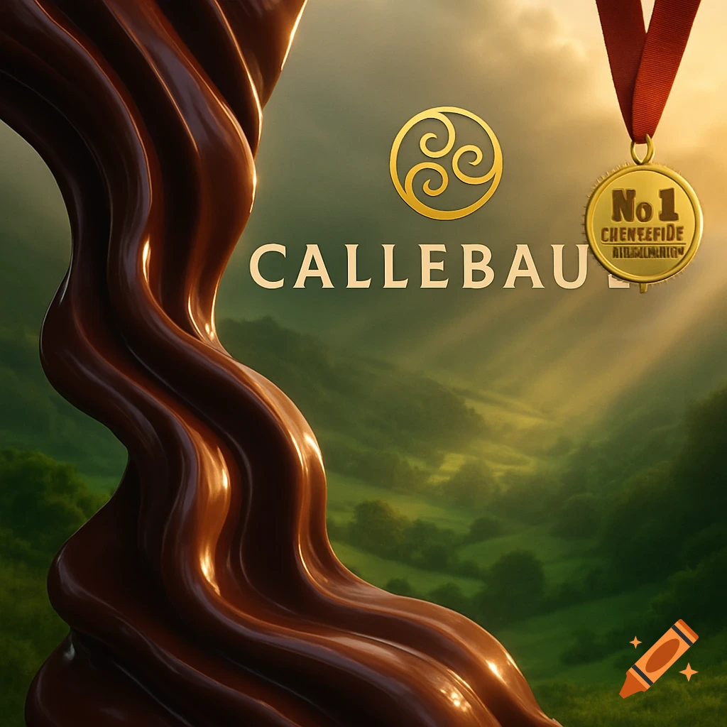 A close-up of wavy, glossy melted chocolate on the left, with a background of green hills and a bright sky. A golden logo, the word "CALLEBAUT", and a "No 1" medal hang in the air.