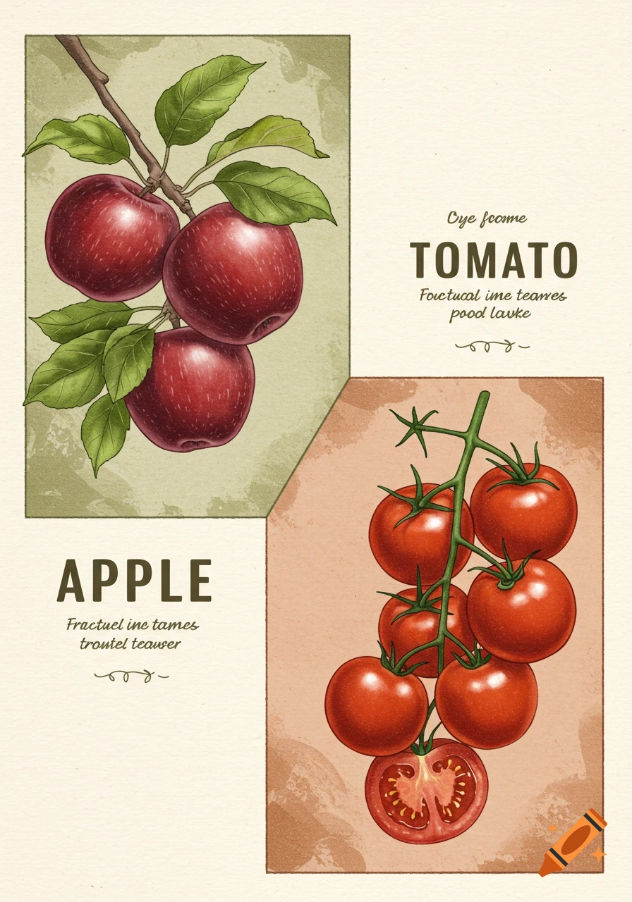A vintage-style botanical illustration showing apples on a branch and a cluster of tomatoes, with