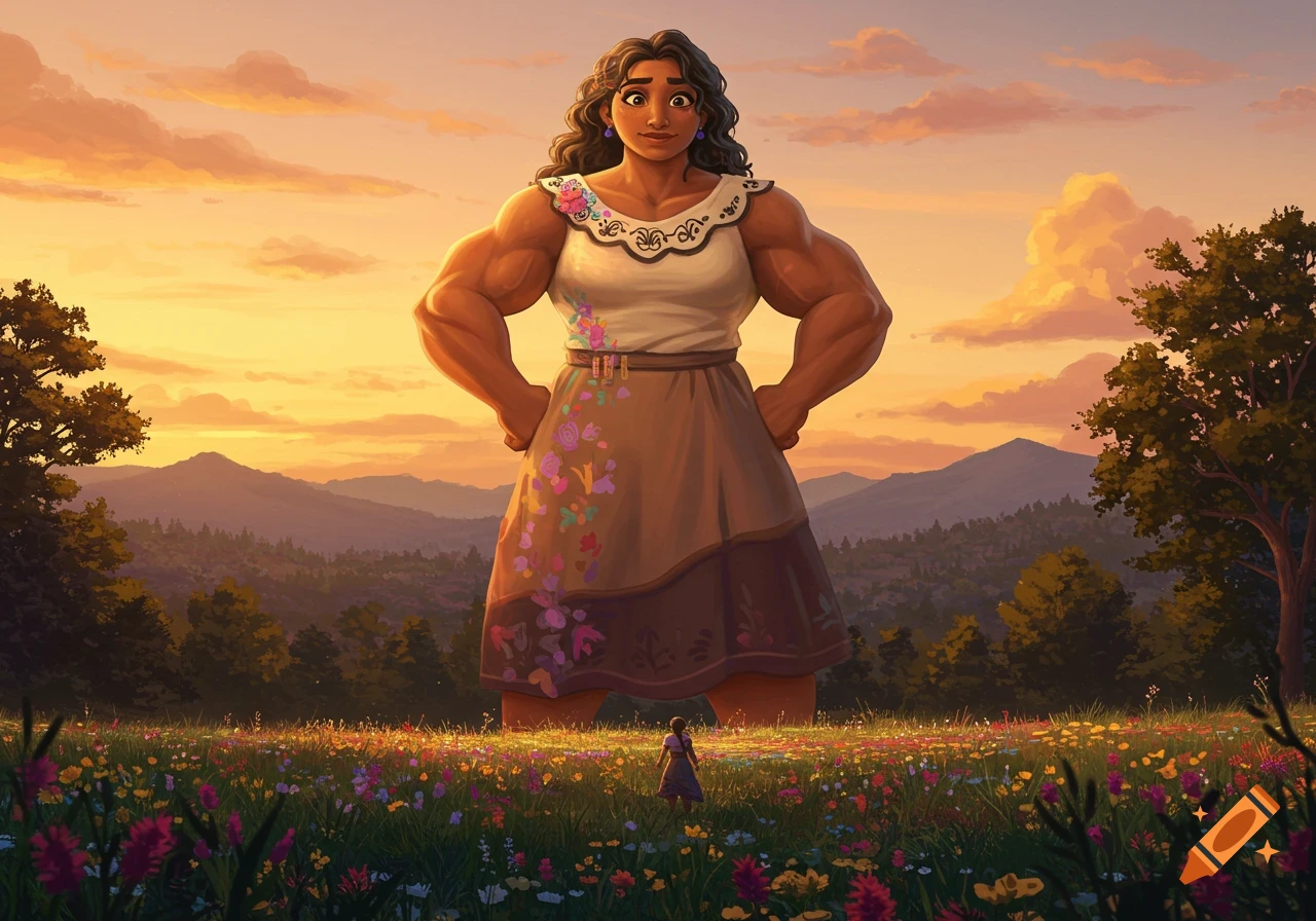 A muscular giant woman stands hands on hips in a field of flowers at sunset, with a tiny person below her, in an animated style.
