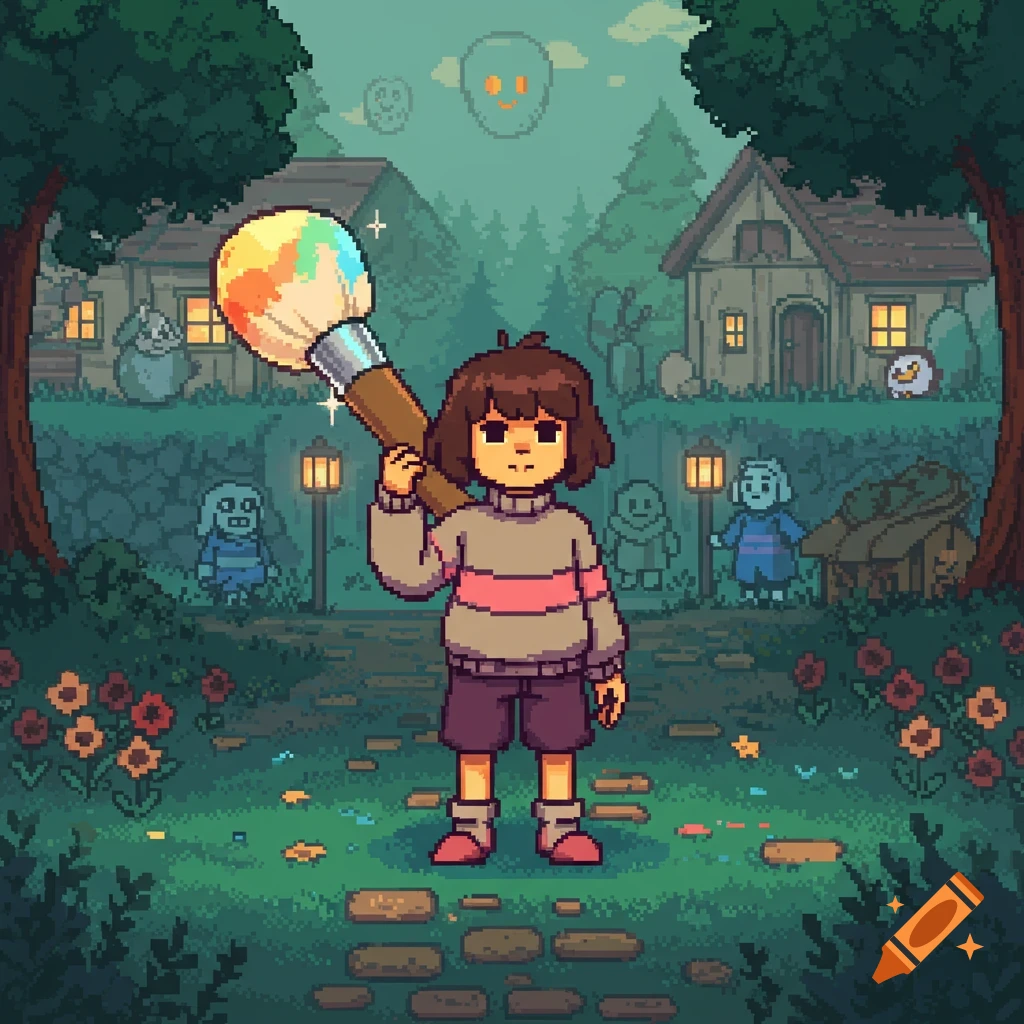 Pixel art of a child-like character holding a large colorful paintbrush on a path in a fantastical forest village.