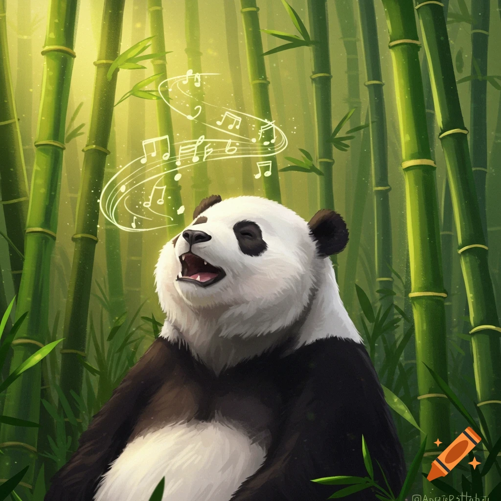 A happy cartoon panda sings joyfully amidst tall, glowing green bamboo stalks, with musical notes floating around its head.